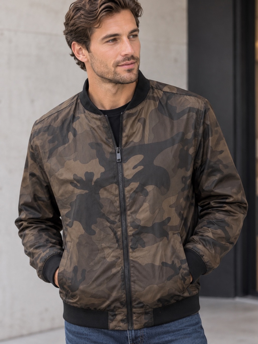 Men's Camo Bomber Jacket - Brown & Black Camo size Large